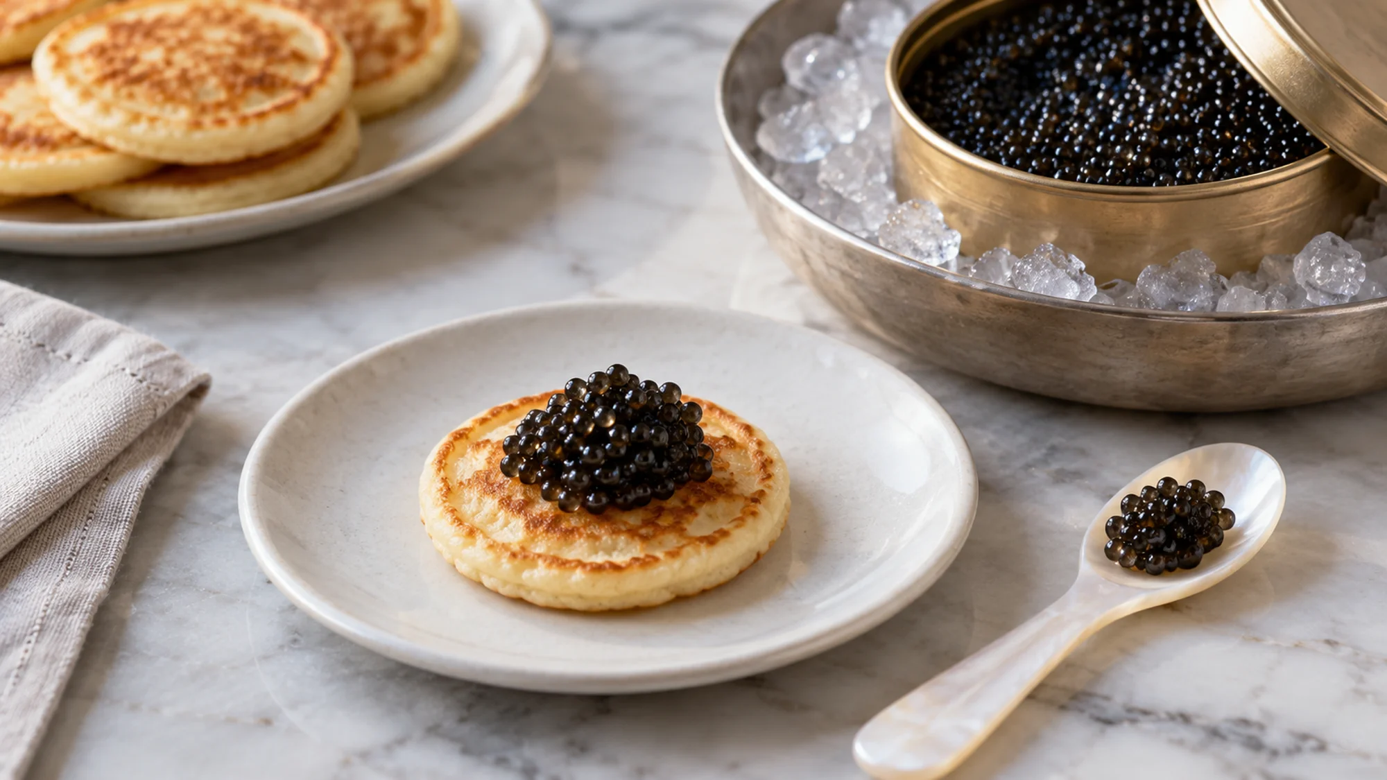 Small blini topped with caviar beside a chilled tin and serving spoon