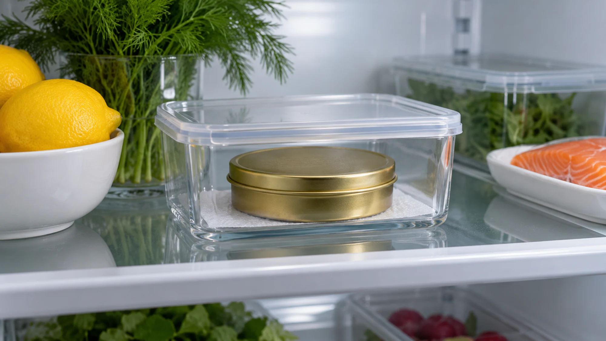 Closed caviar tin in a clear container on a refrigerator shelf