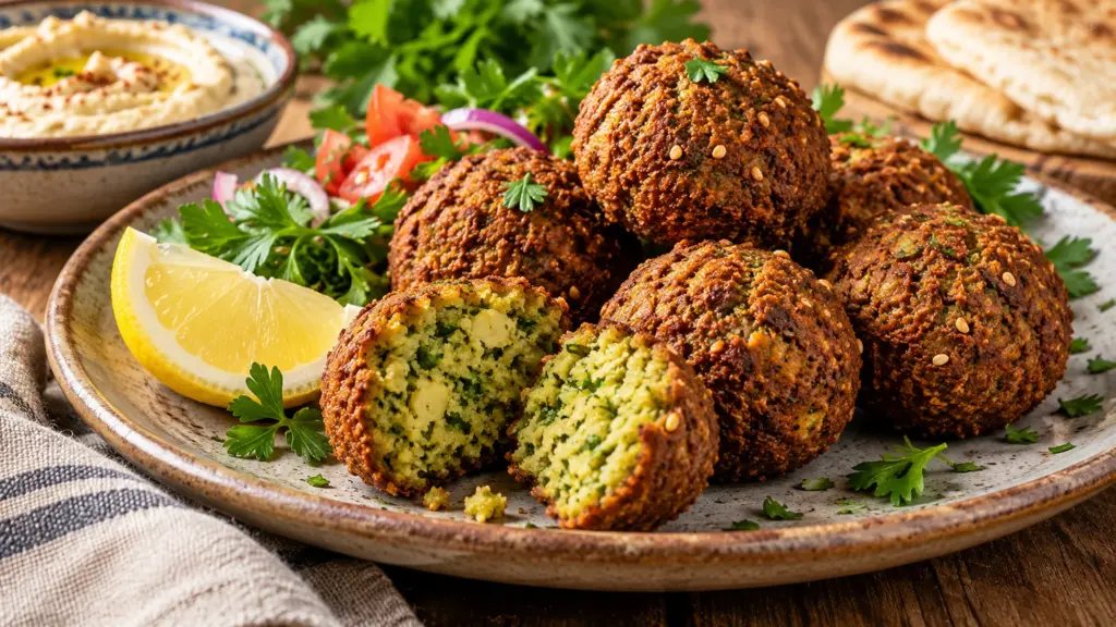 Falafel with a crisp brown crust and green herb interior