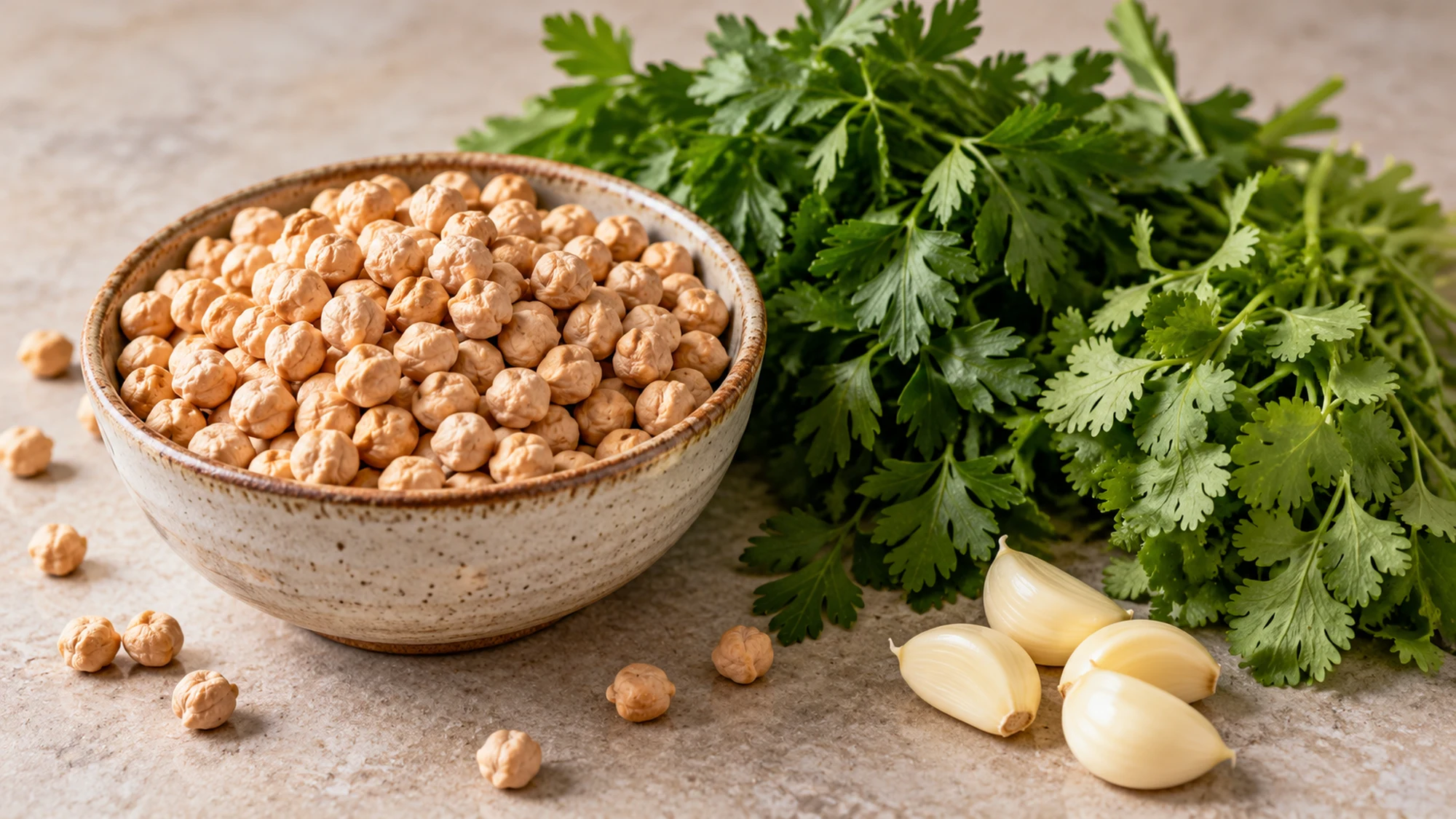 Dried chickpeas with parsley cilantro and garlic for falafel