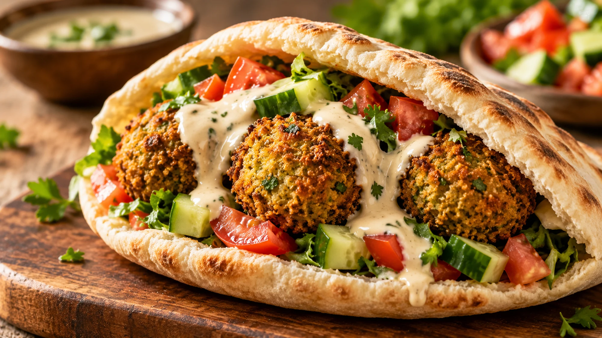 Falafel pita filled with vegetables and tahini sauce