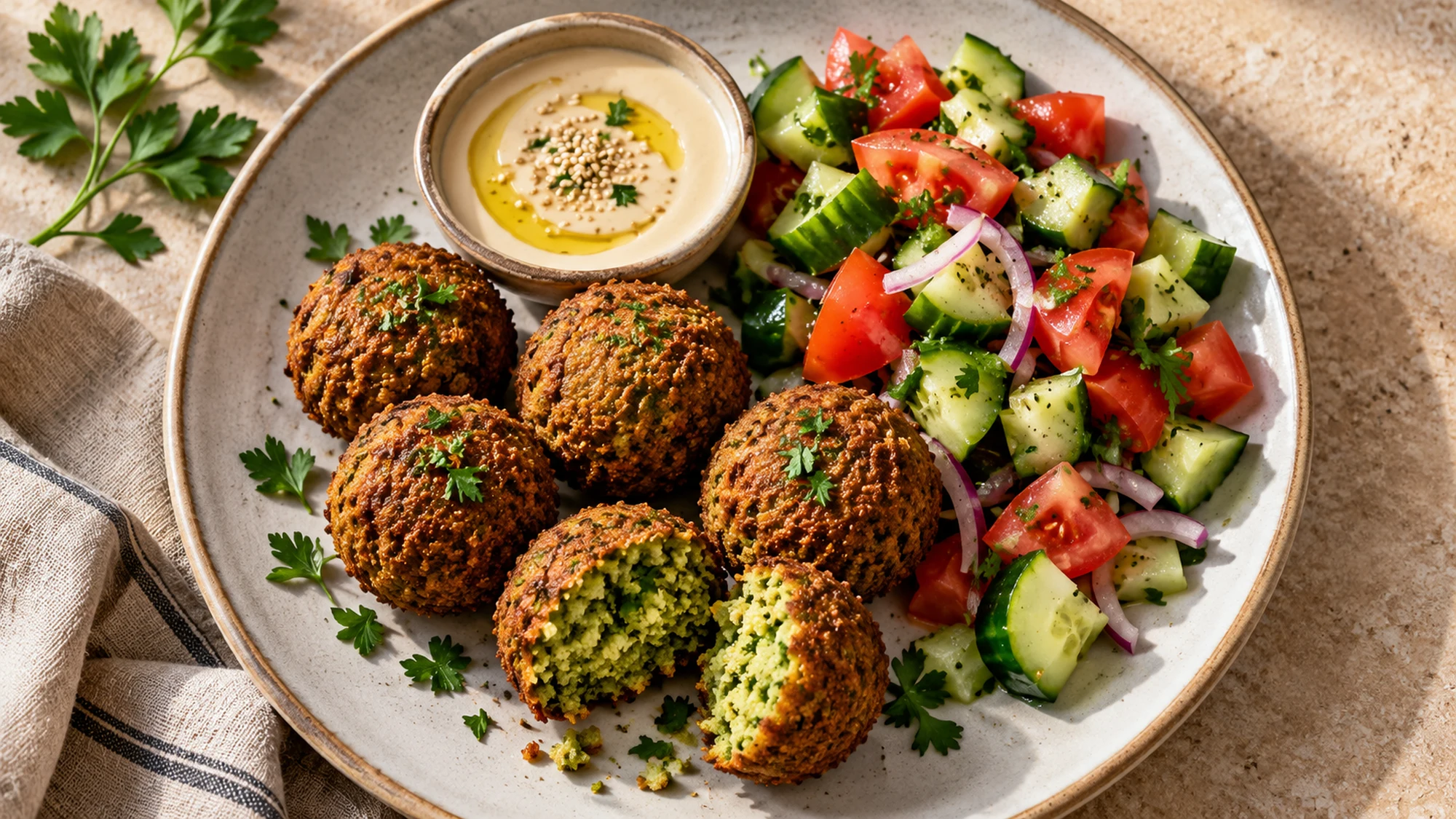 Falafel served with chopped salad and tahini