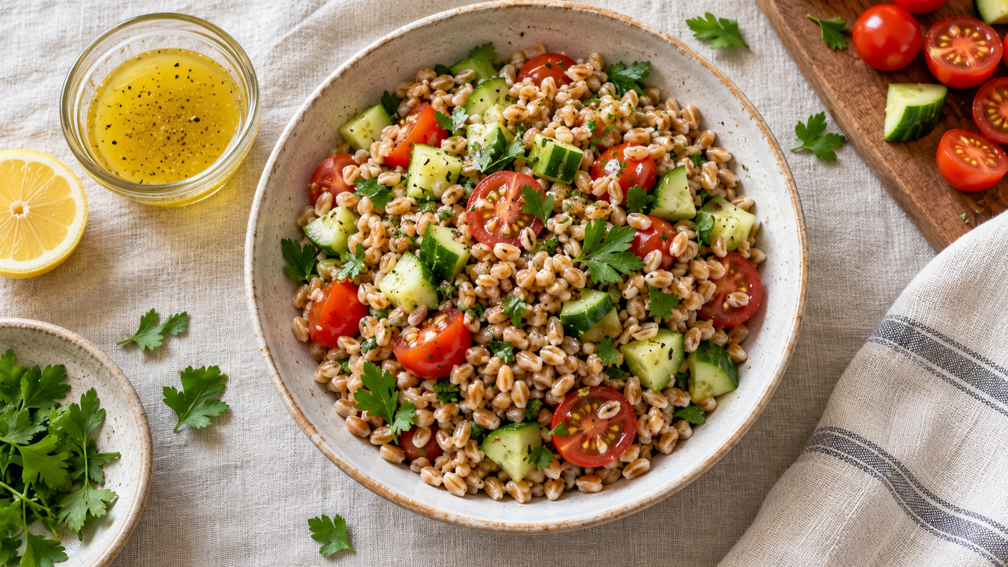 Farro grain bowl with cucumber, tomatoes and parsley