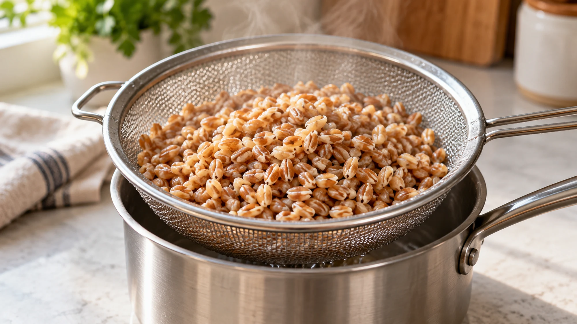 Cooked farro draining in a mesh strainer over a saucepan