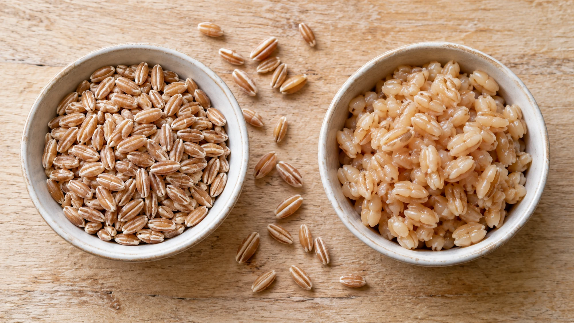 Dry and cooked farro wheat kernels shown side by side