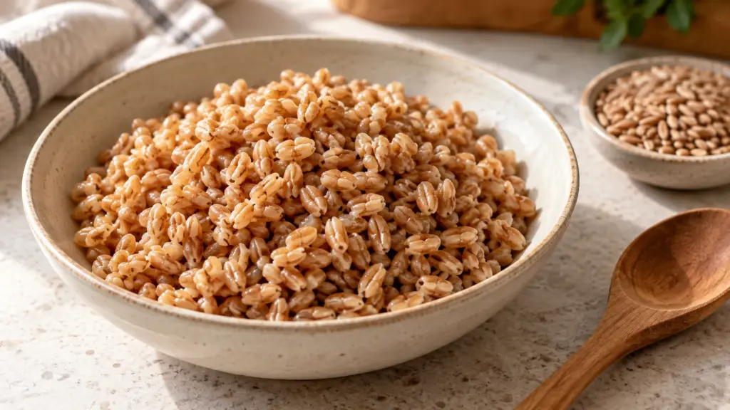 Cooked farro wheat grains in a shallow ceramic bowl