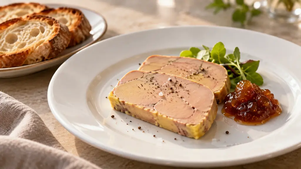 Sliced terrine illustrating what is foie gras, served with toast and fruit preserve