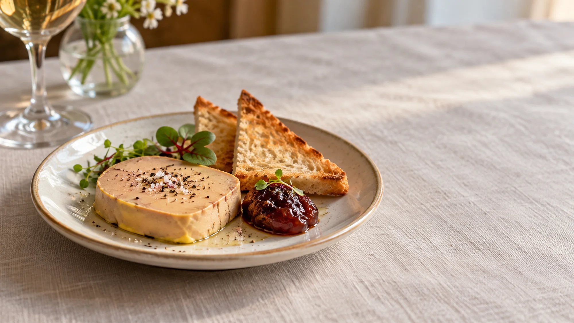A small plated starter illustrating what is foie gras served with toast