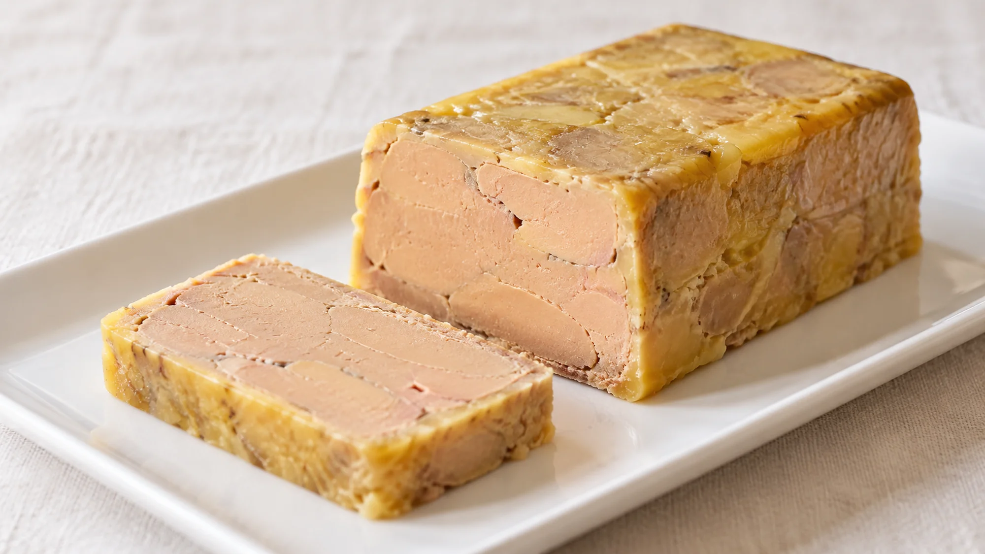 A cut terrine showing what is foie gras in a chilled sliced preparation