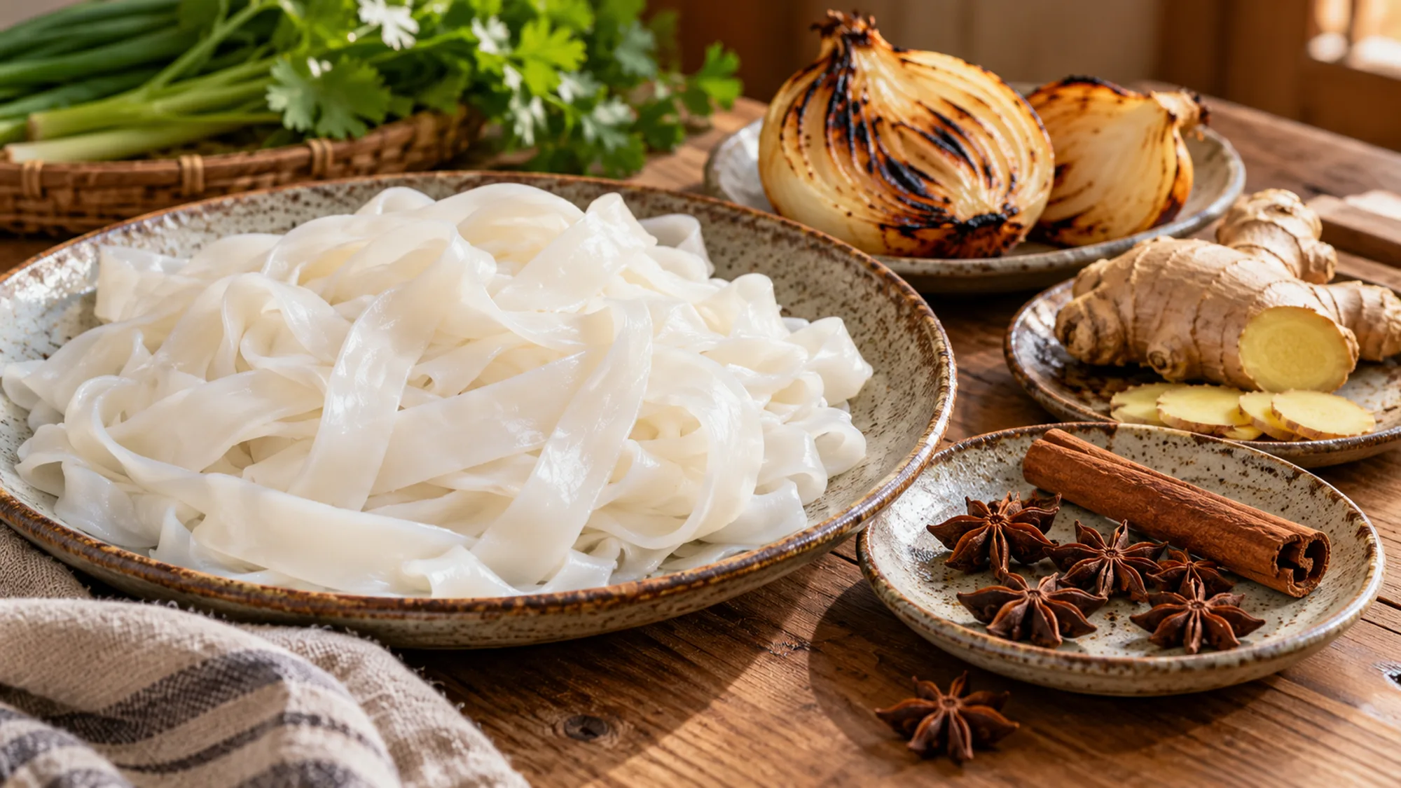 Flat rice noodles, star anise, ginger and charred onion used in pho