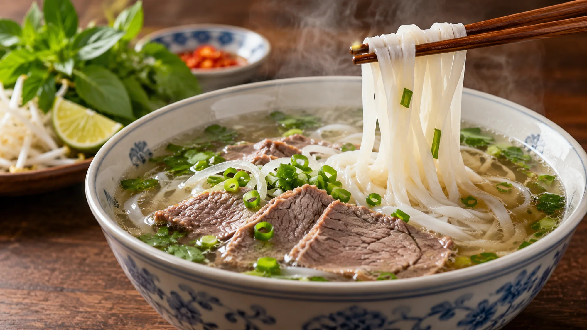 Flat rice noodles lifted above a bowl of beef pho