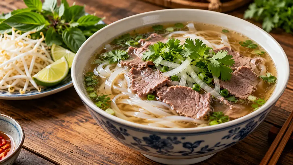 Beef pho with flat rice noodles, scallions and a side plate of herbs