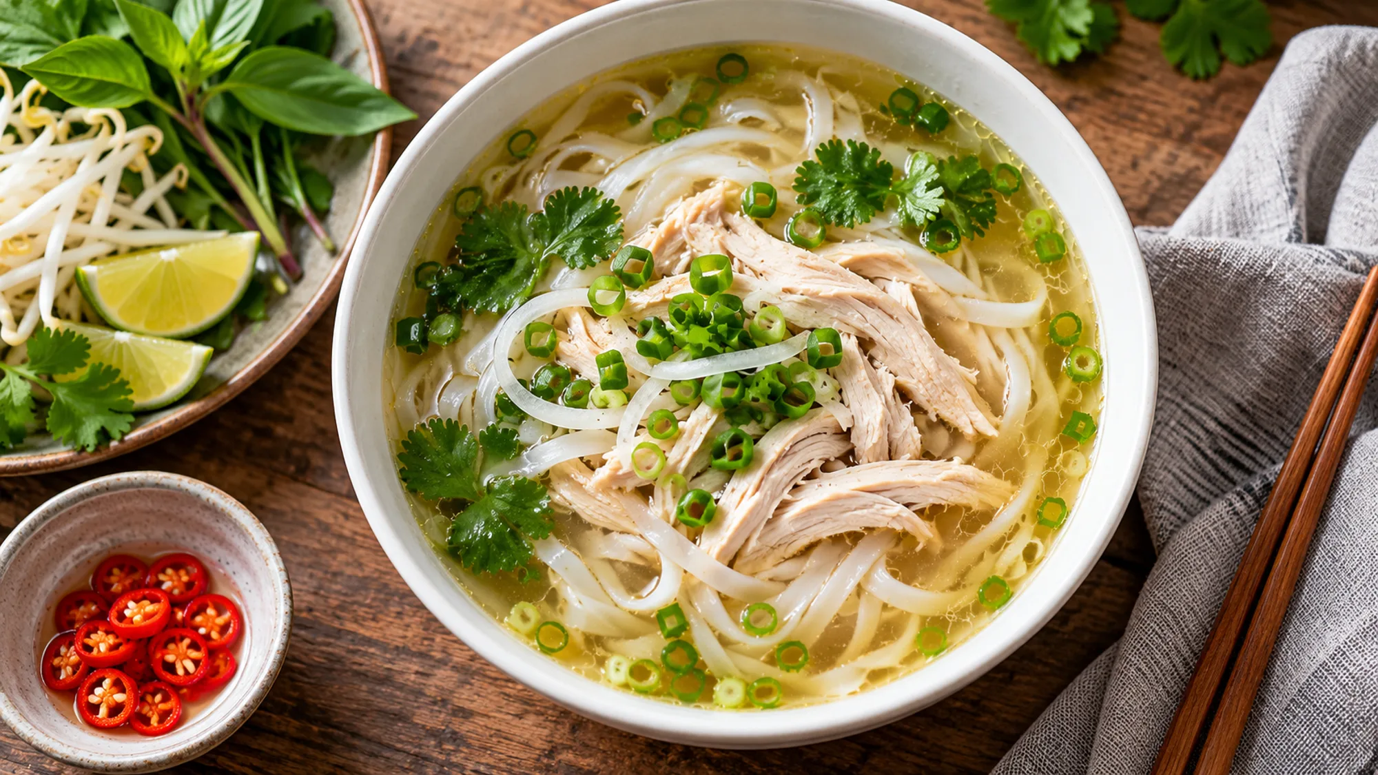 Chicken pho with flat rice noodles and clear golden broth