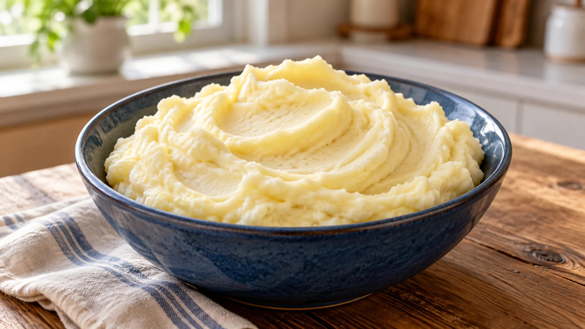 Smooth mashed potatoes in a blue ceramic bowl