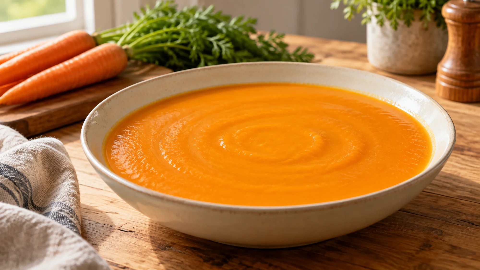 Fully blended carrot soup without chunky toppings