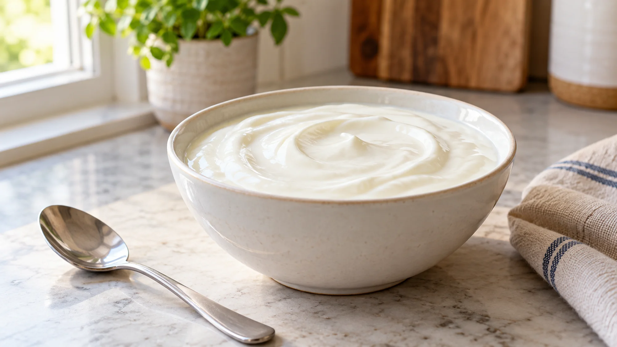 Smooth plain yogurt in a white bowl for a soft-food meal