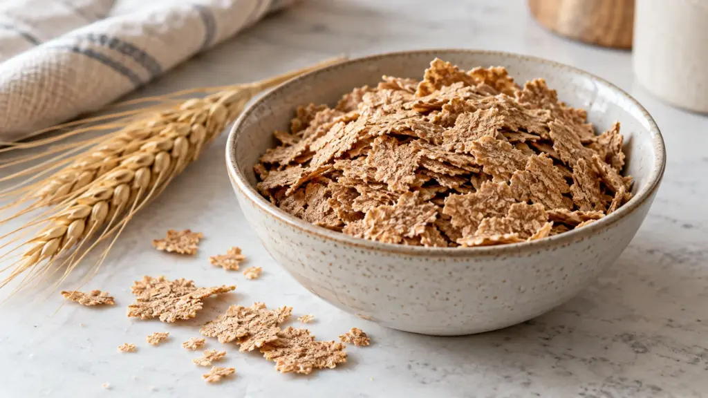 Coarse wheat bran flakes in a bowl beside a wheat stalk