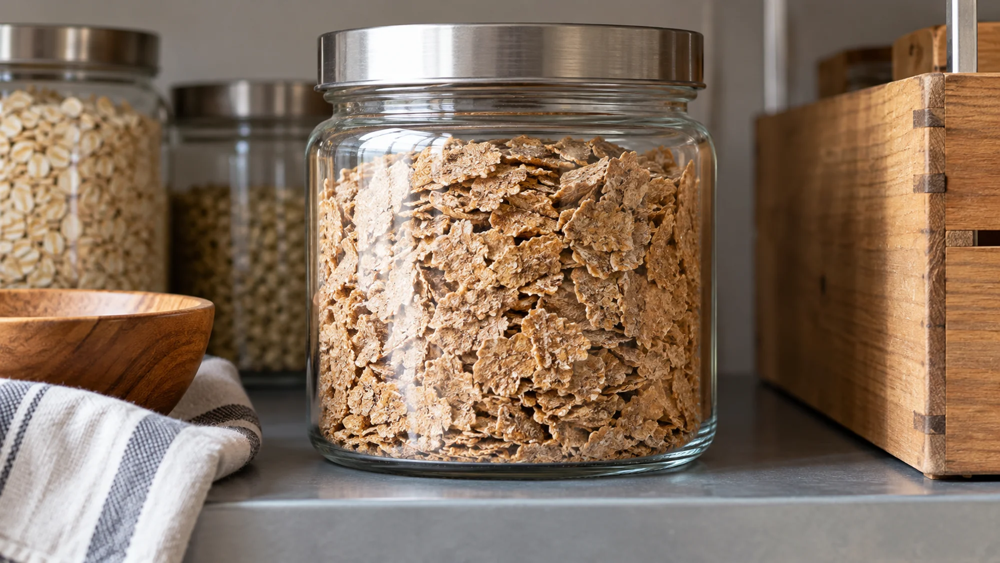 Wheat bran flakes in a sealed clear jar on a pantry shelf