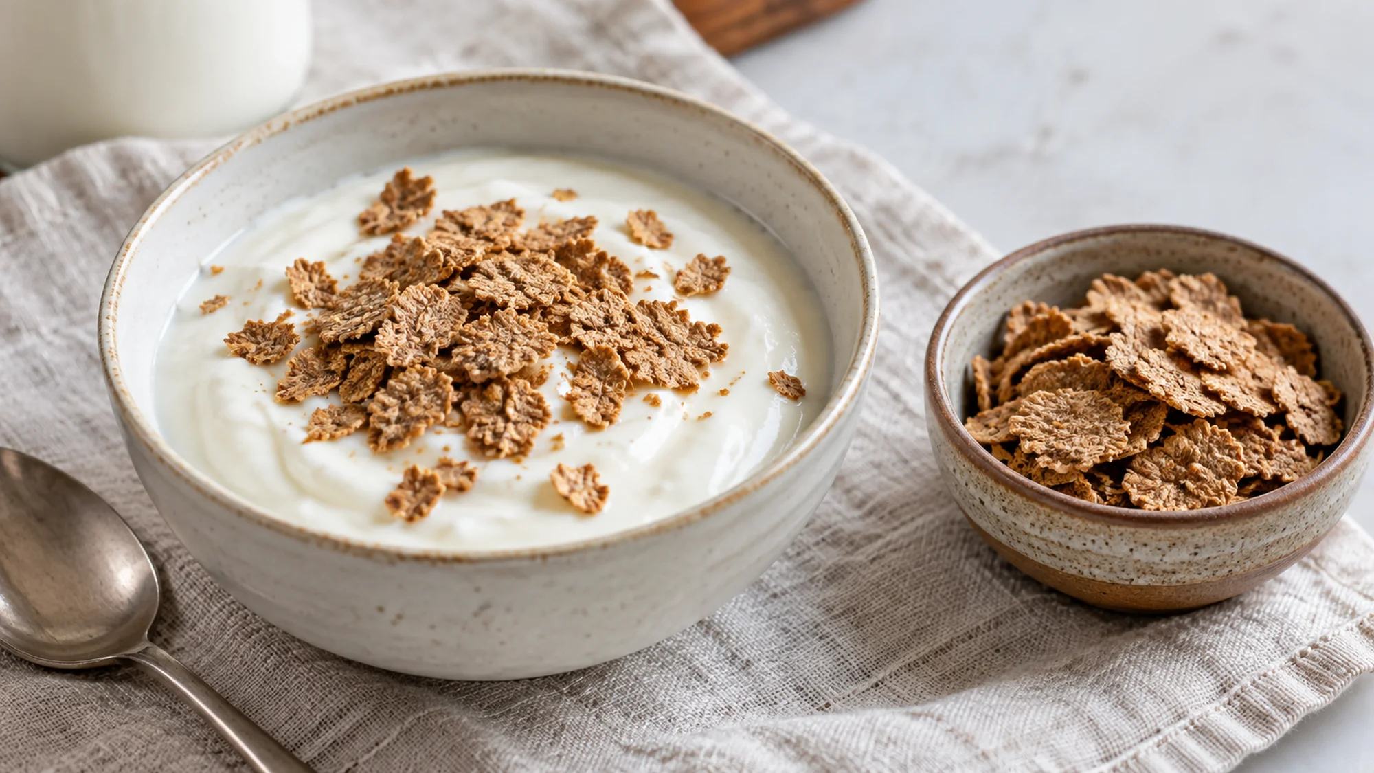 Plain yogurt topped with wheat bran beside a small bowl of bran