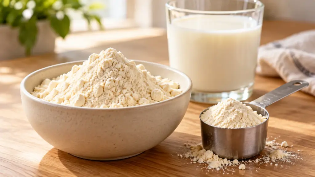 Whey isolate and whey protein powder in a bowl beside milk and a scoop