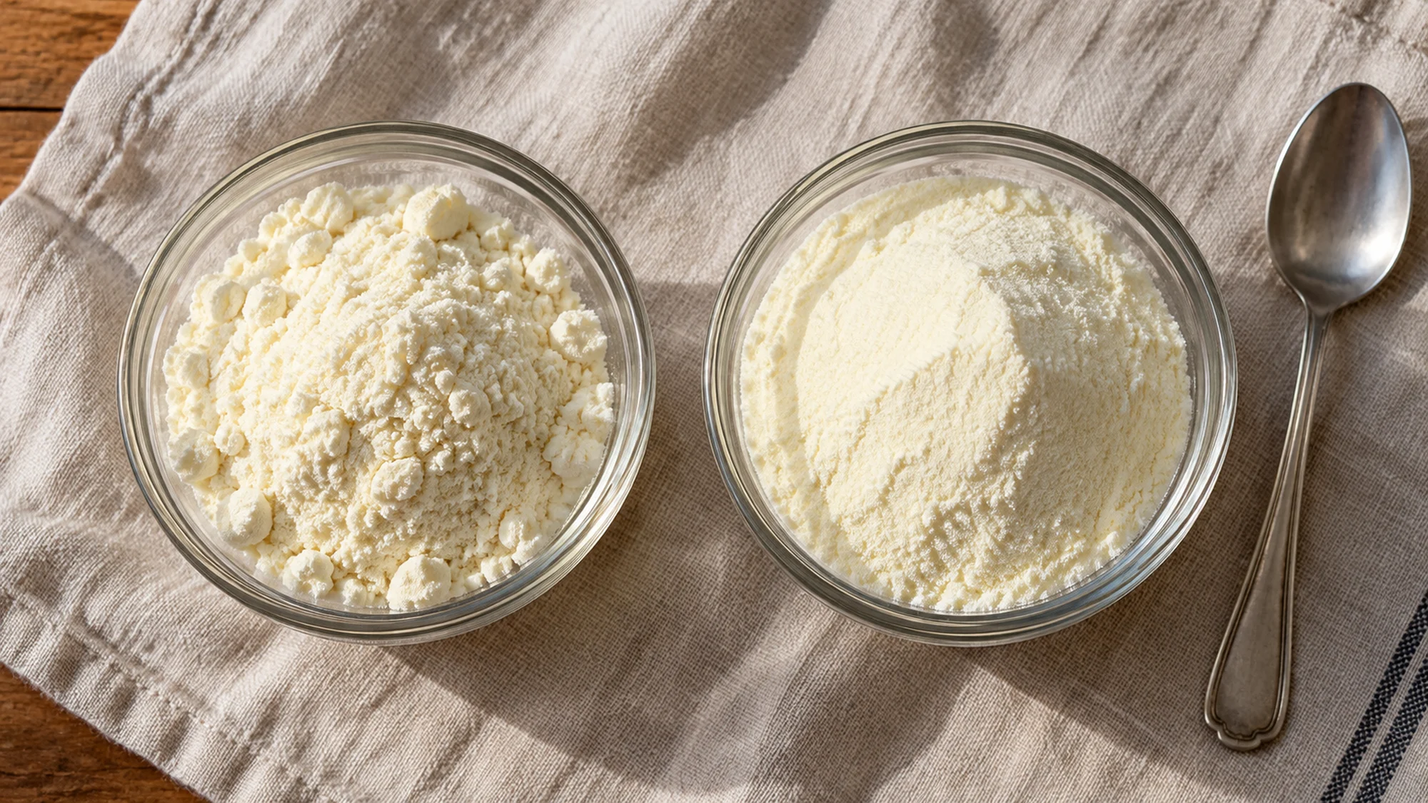 Whey isolate and whey protein powders shown side by side in glass bowls