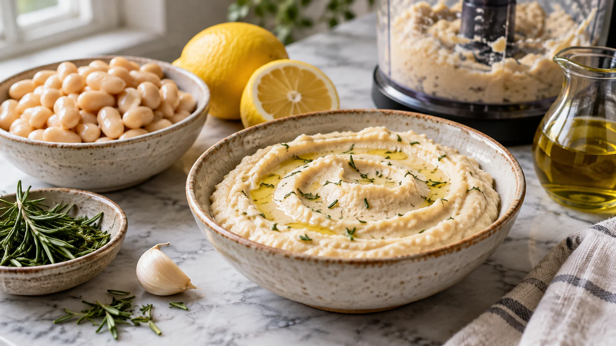 White bean dip beside cannellini beans, lemon and rosemary