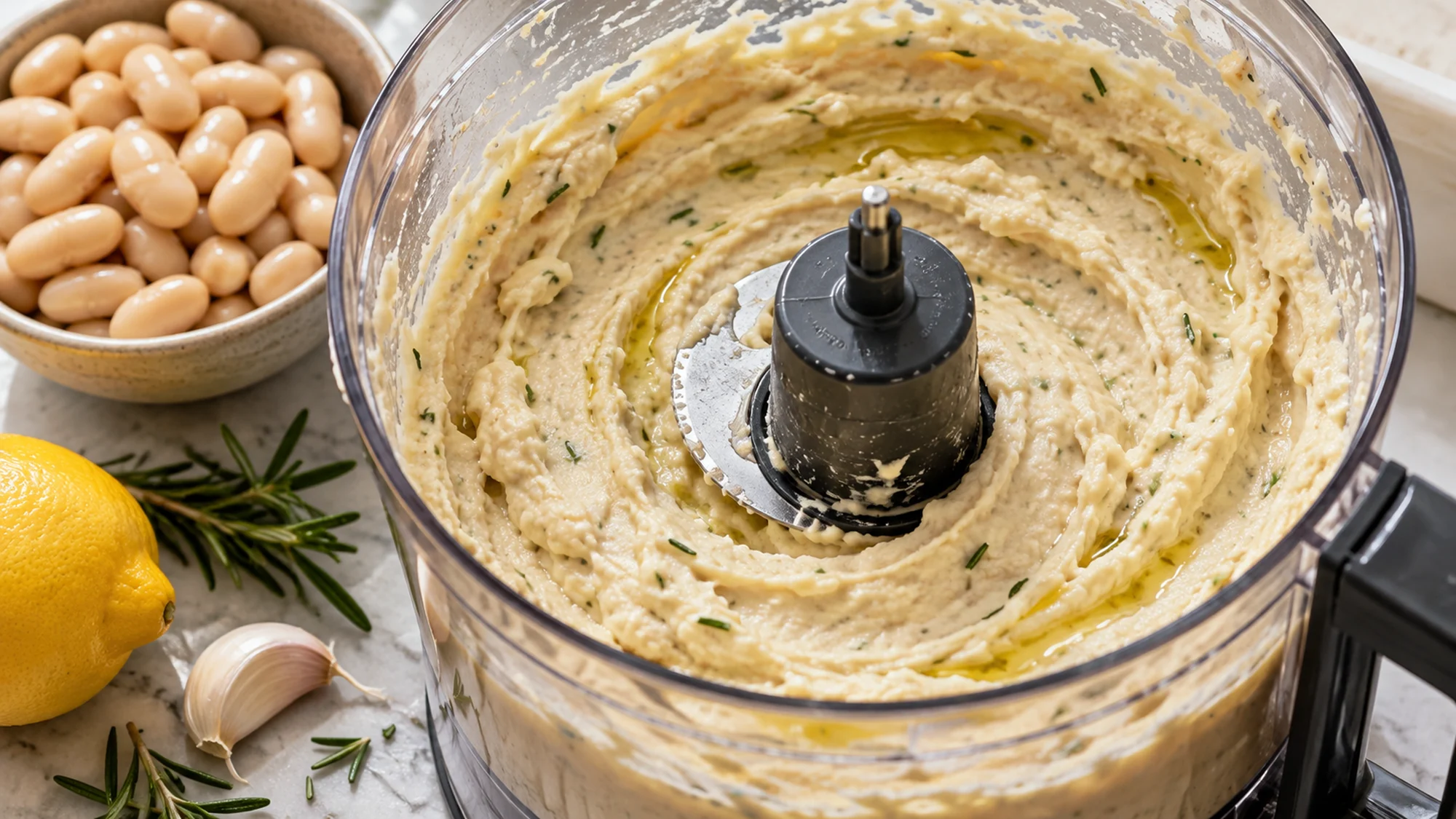 Blended white bean dip in a stopped food processor