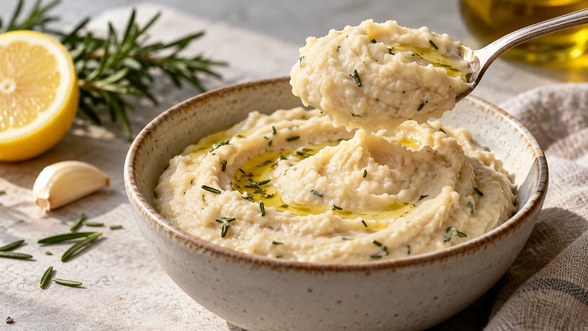 A spoon lifting smooth rosemary white bean dip