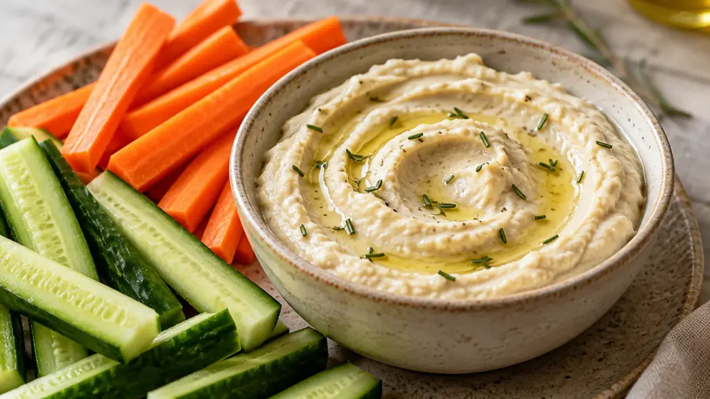 Lemon-rosemary white bean dip with carrot and cucumber sticks
