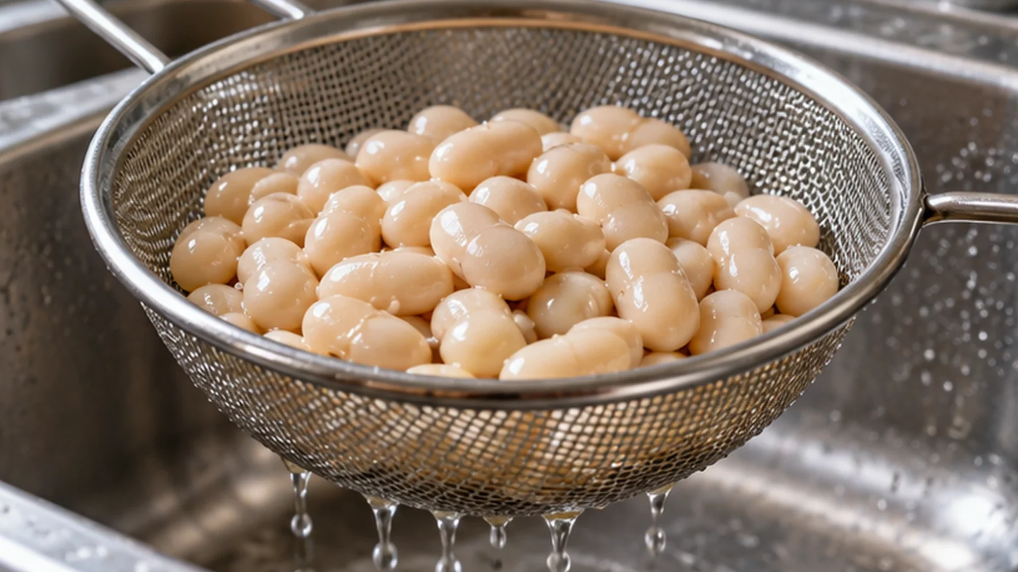 Cooked white beans draining in a metal strainer