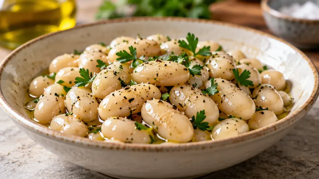 Cooked white beans with parsley in a ceramic bowl