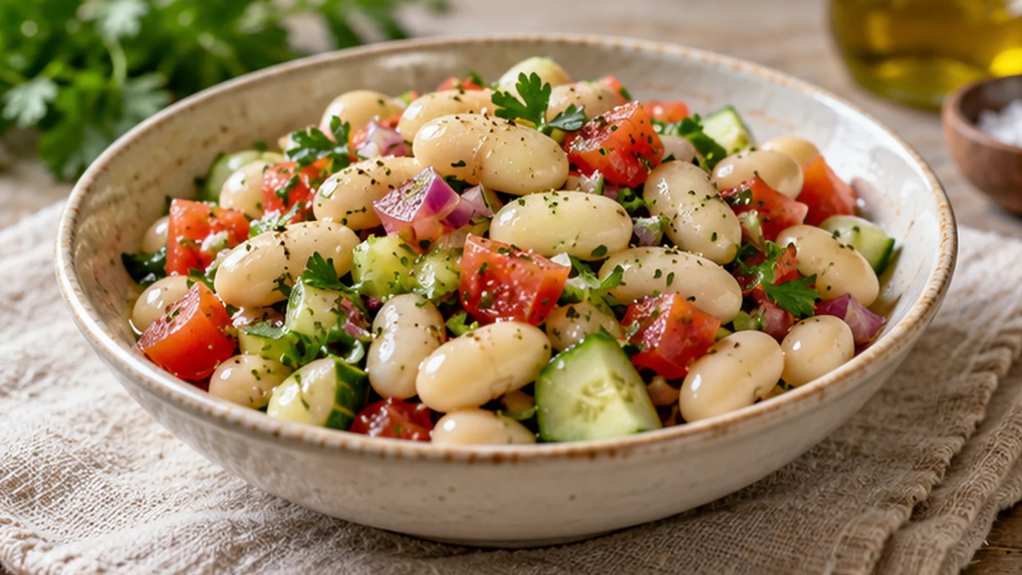 White beans tossed with tomato cucumber and herbs