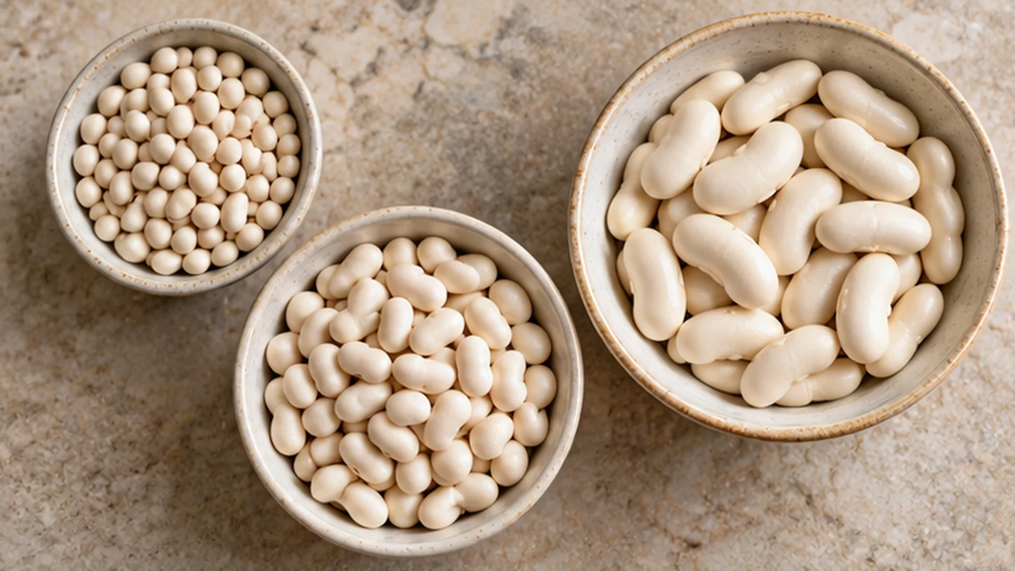 Three bowls of dried white beans in different sizes