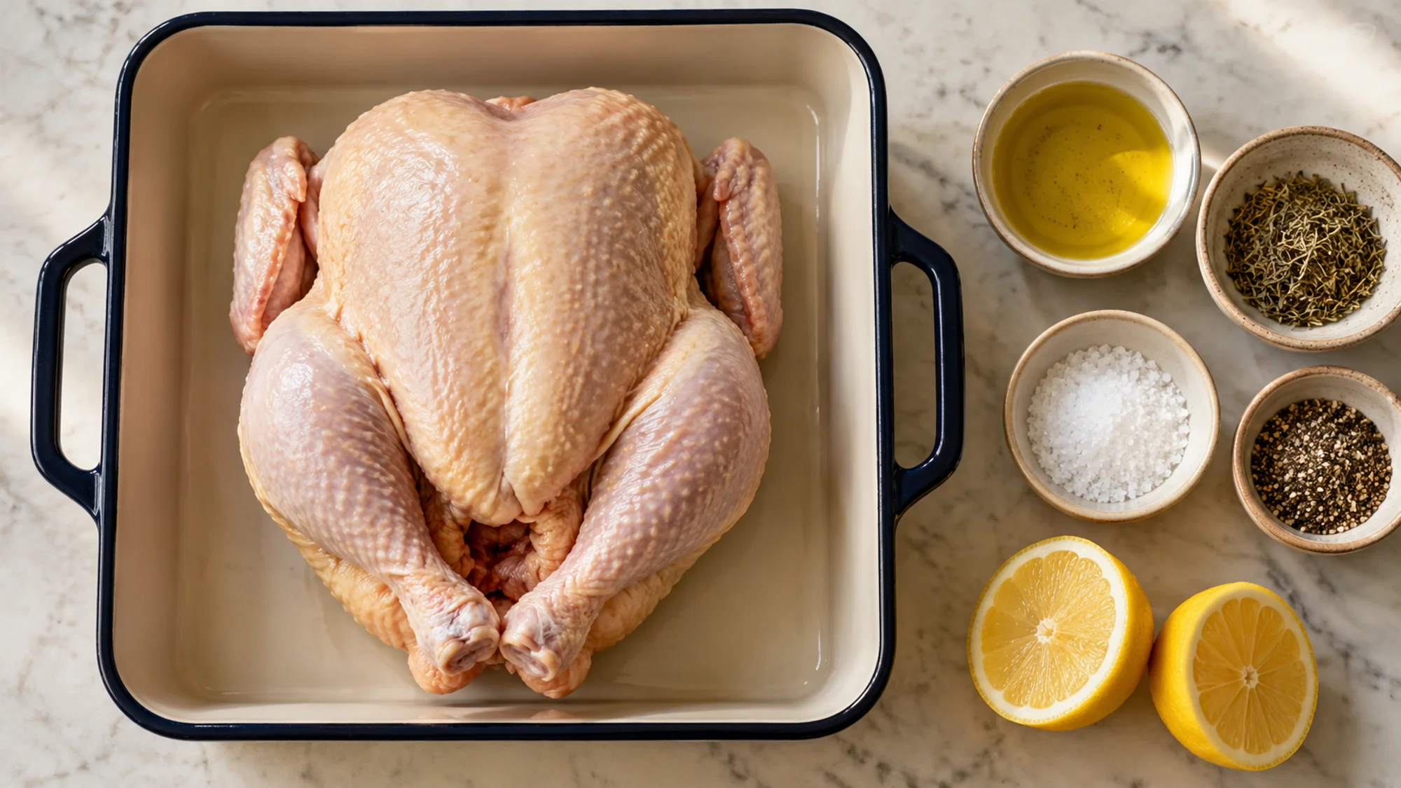 Raw whole chicken with olive oil, thyme, pepper and lemon ready for roasting