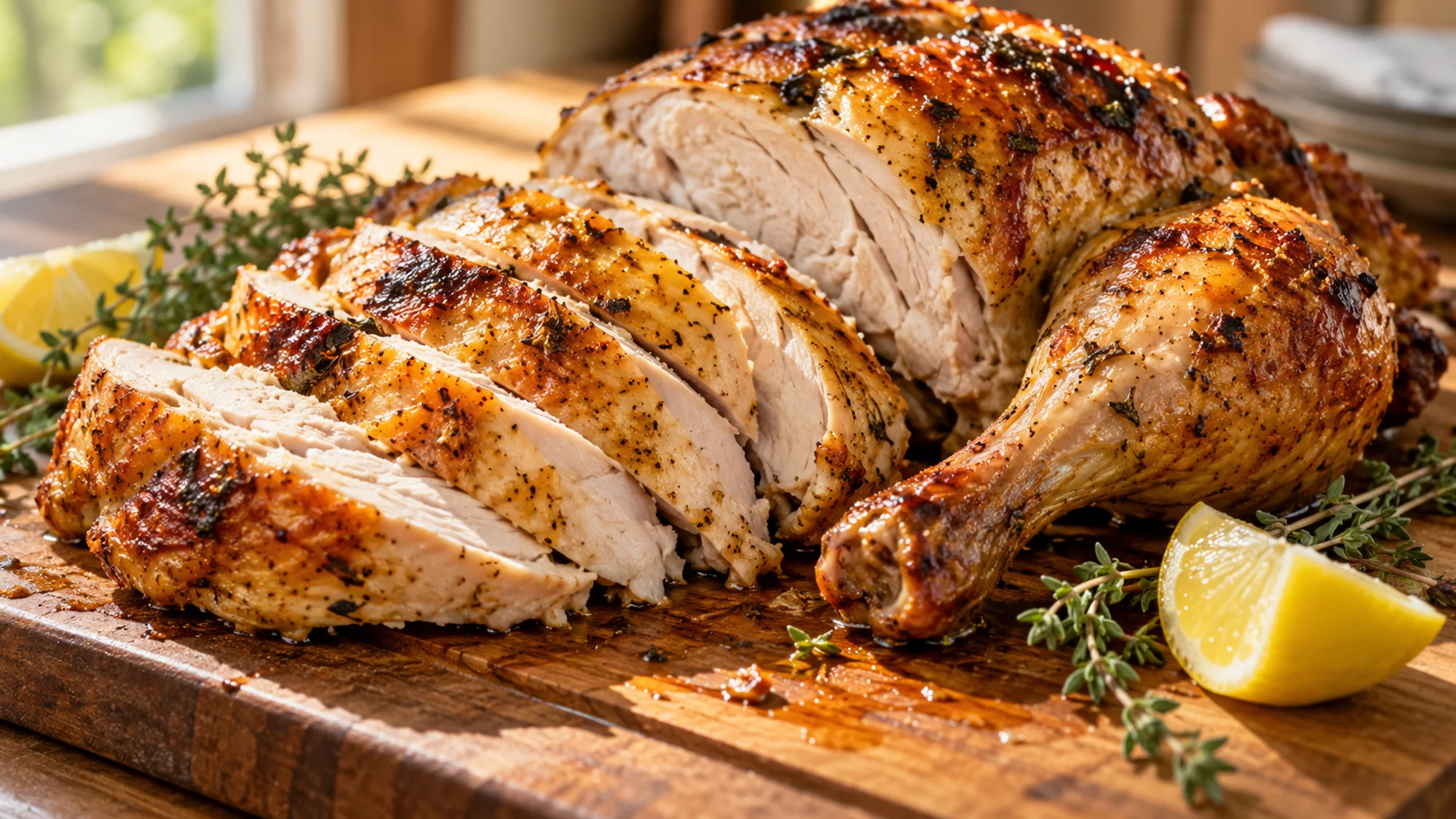 Carved whole chicken with breast slices and a browned leg