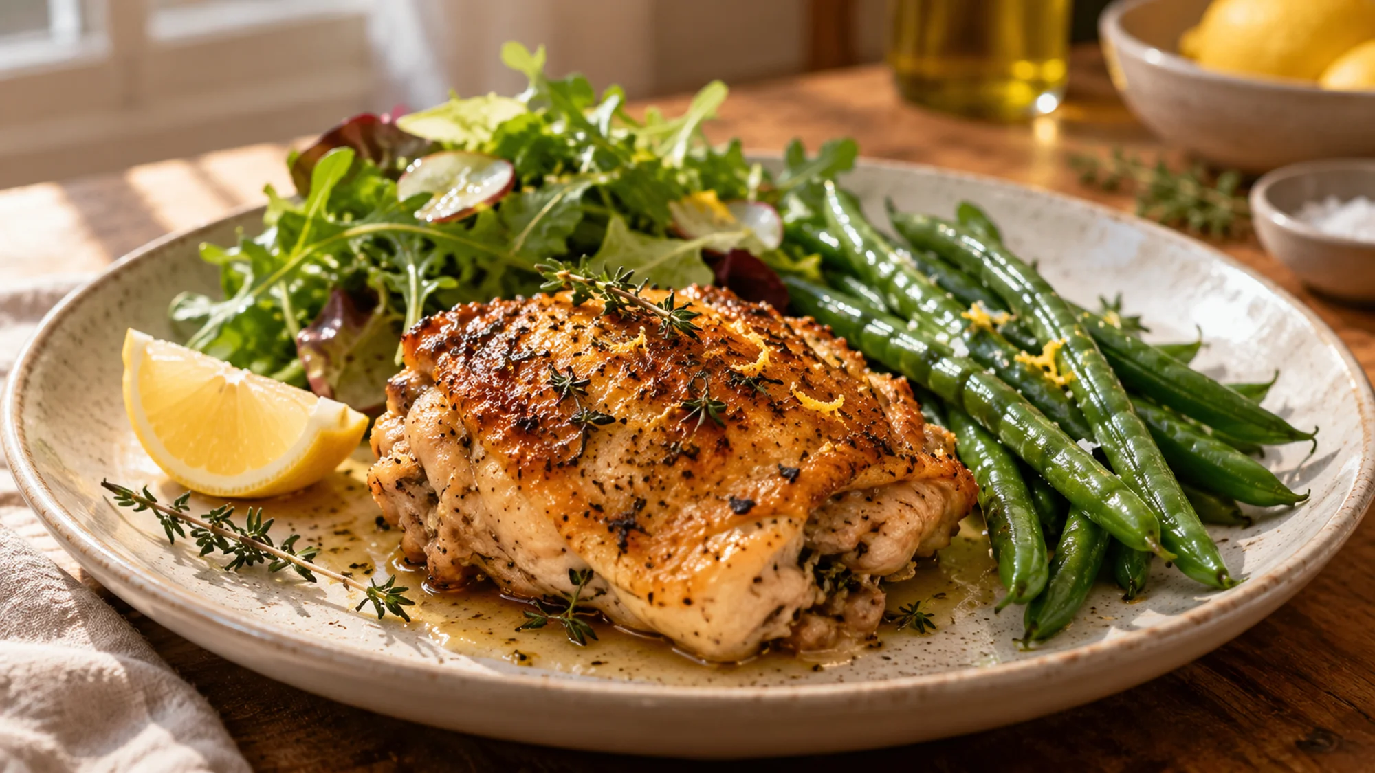 A portion of whole chicken with green beans and a fresh salad