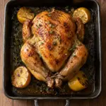 Whole chicken roasted until golden in a pan with lemon