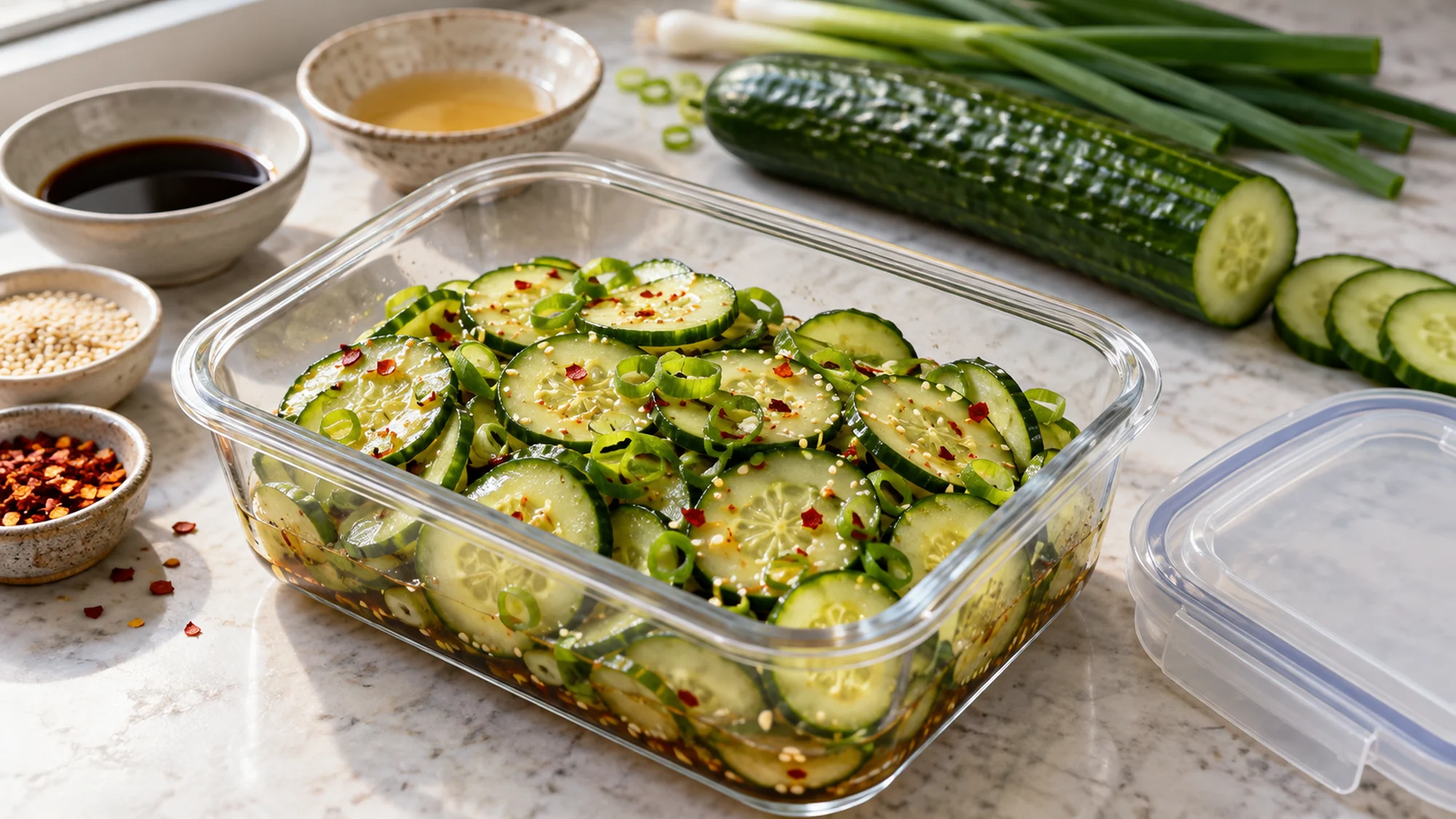 Whole cucumber salad in a storage container beside dressing ingredients
