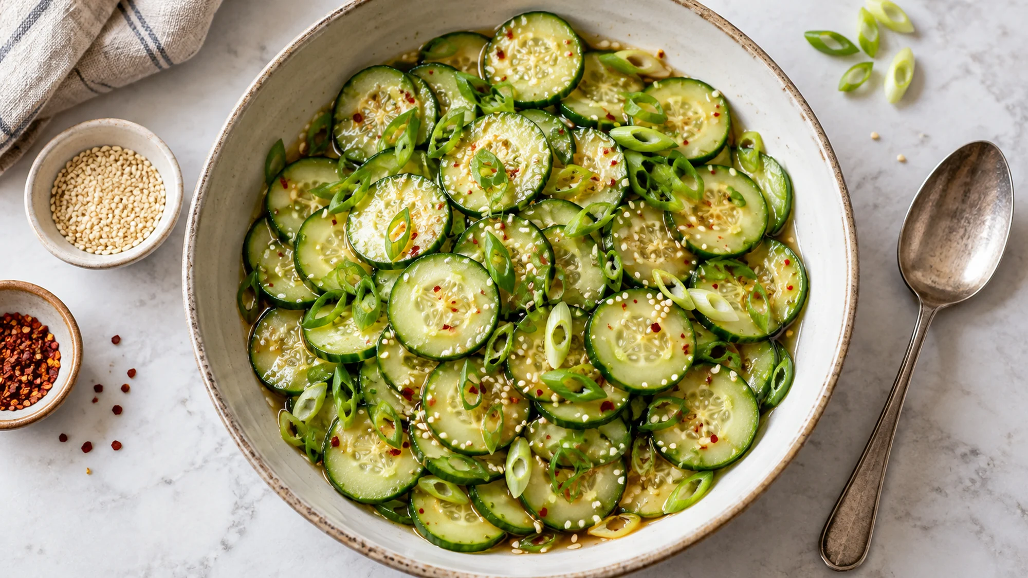 Overhead cucumber salad with sesame and sliced scallions