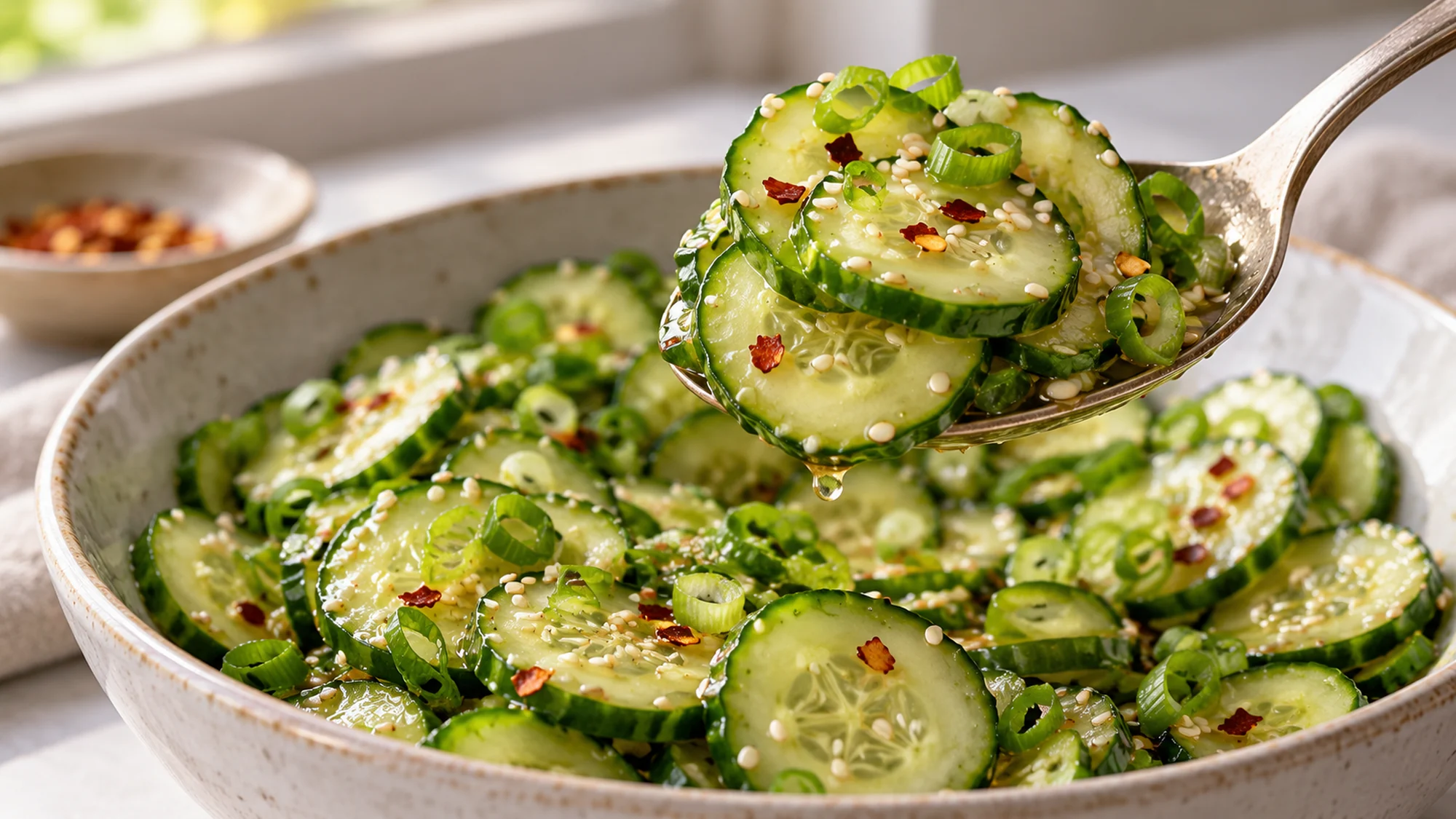 A serving spoon lifting sesame-ginger cucumber rounds