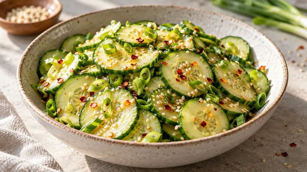 Thin cucumber rounds with sesame, scallions and chili flakes