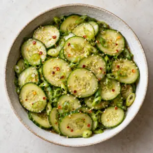 Overhead bowl of whole cucumber salad with sesame