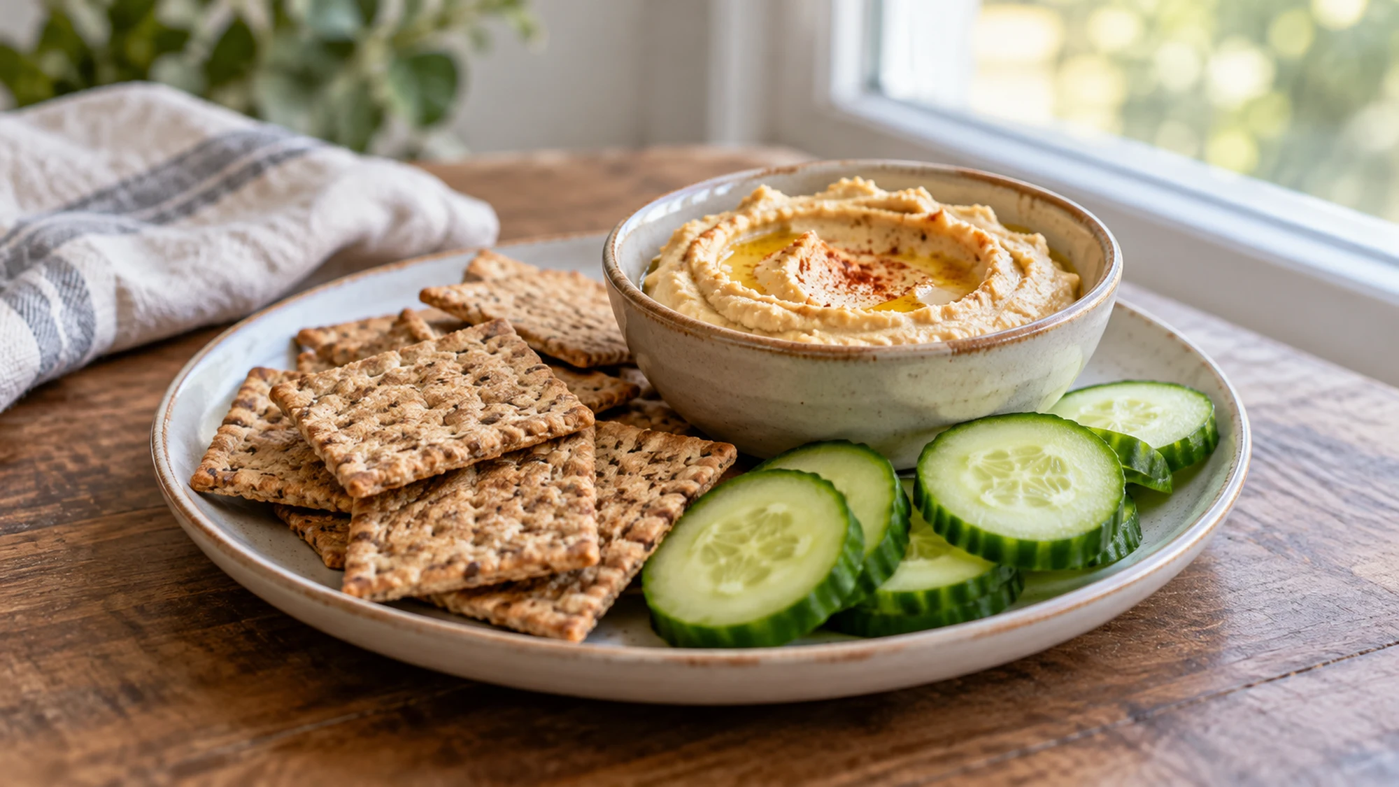Whole grain crackers served with hummus and cucumber slices