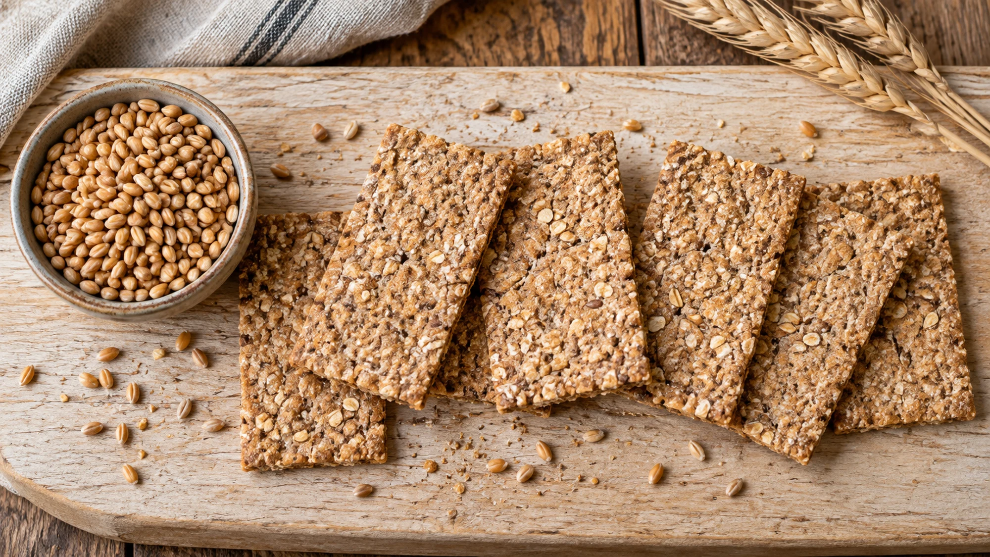 Whole grain crackers arranged on a wooden board