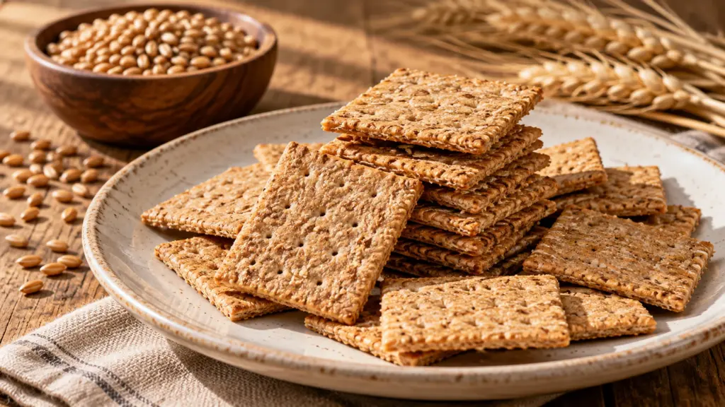 Whole grain crackers stacked on a cream plate beside wheat kernels