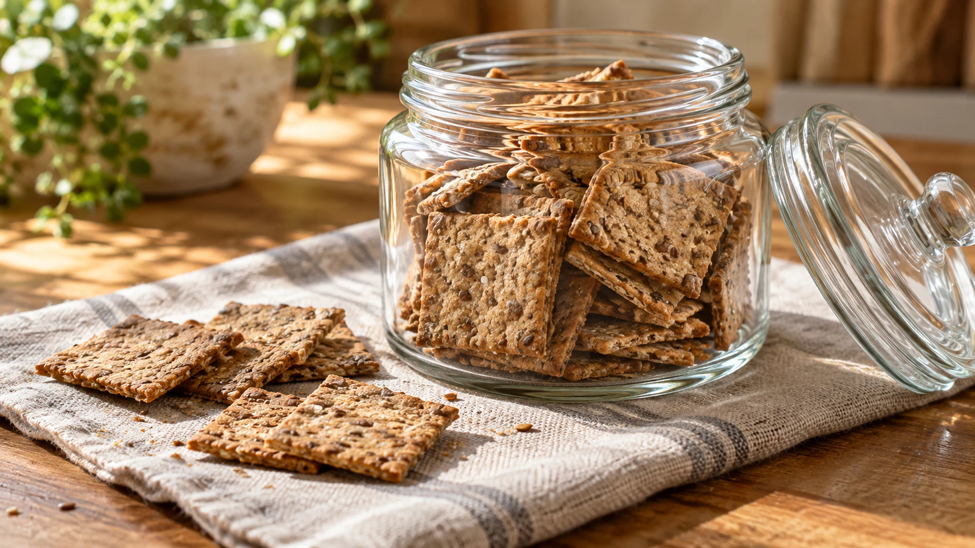 Whole grain crackers in a glass storage jar with its lid beside it