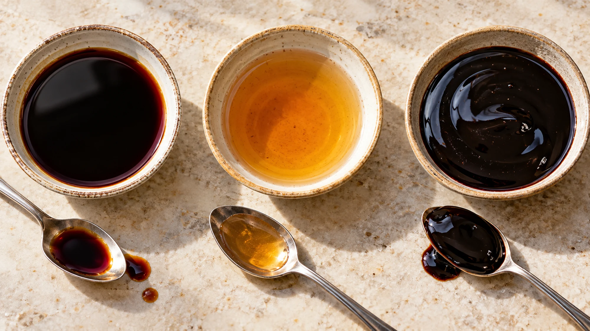 Separate bowls and spoons of thin dark soy sauce, amber vinegar and thick molasses