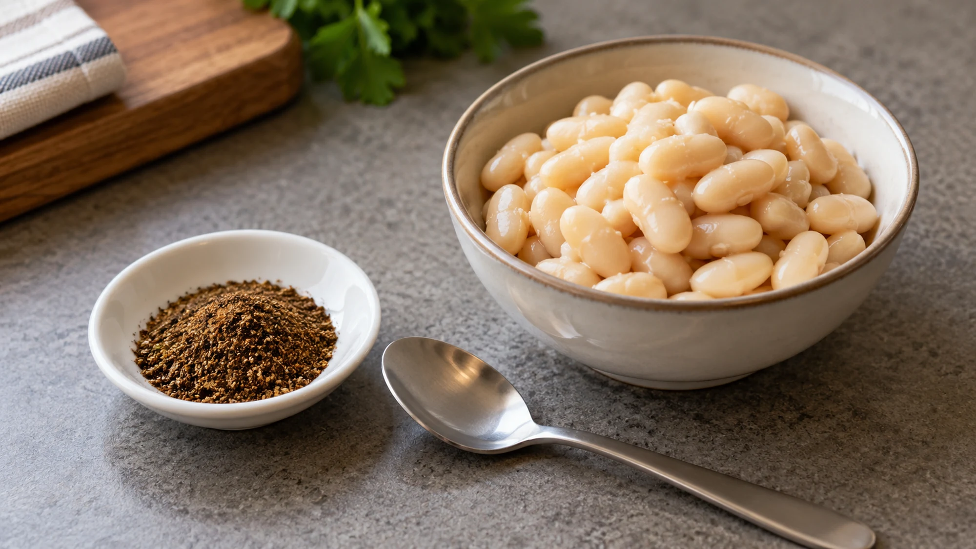 Ground seasoning spices beside a clean spoon and a bowl of cooked white beans