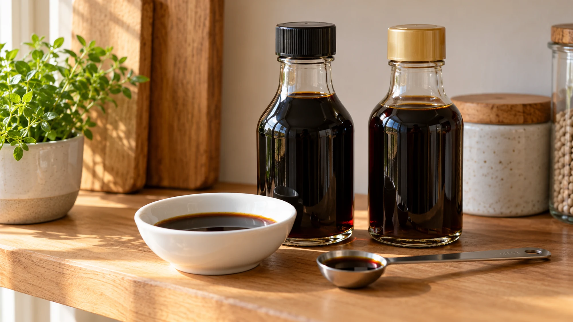 Two closed glass bottles of dark condiment beside a small bowl and measuring spoon