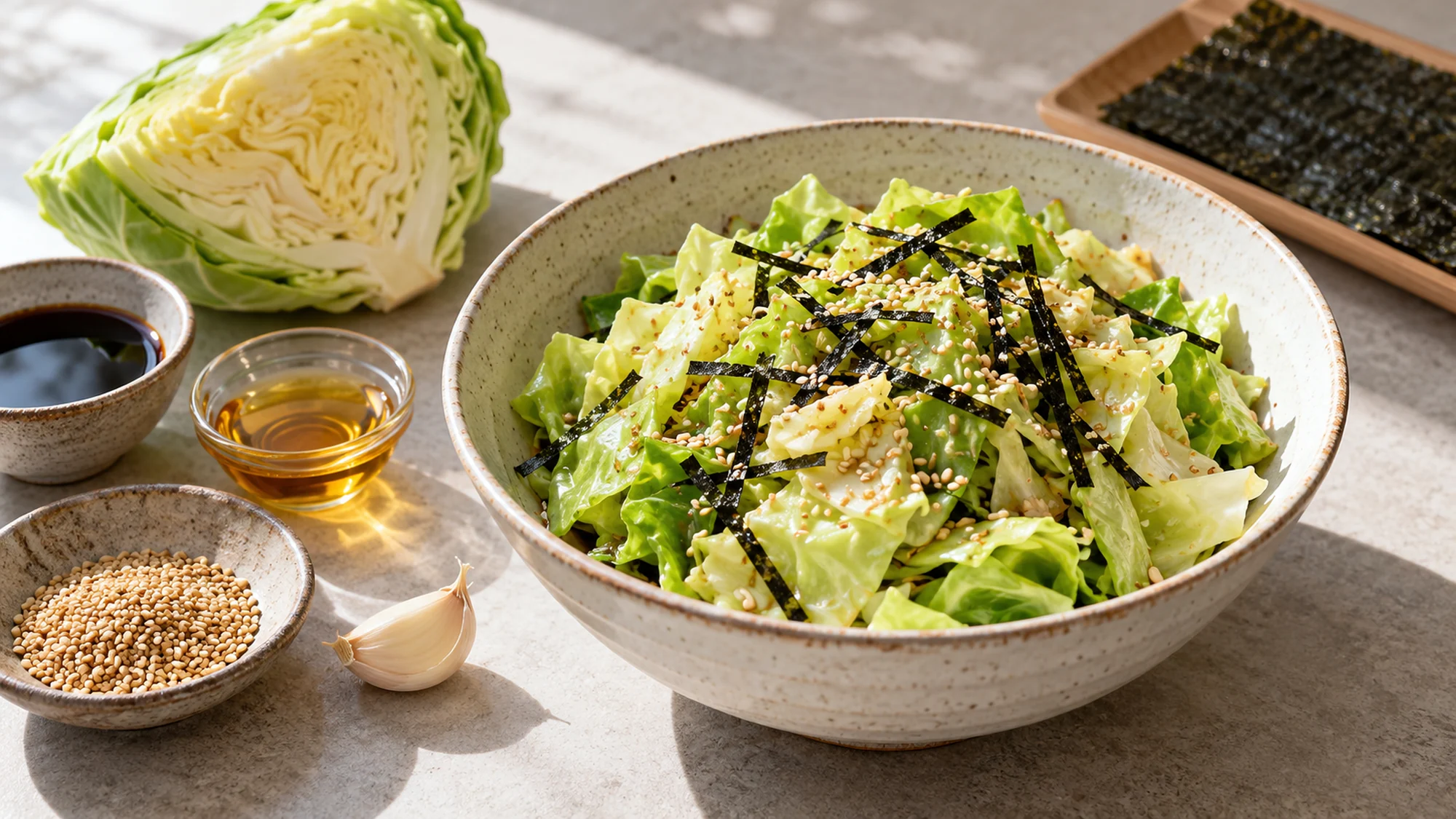 Yamitsuki cabbage beside cabbage, sesame oil, soy and nori
